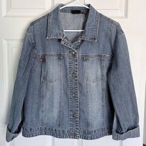 Chico's Denim Jacket Size 2 / Large Blue Stretch Cotton Button Up Trucker Jacket